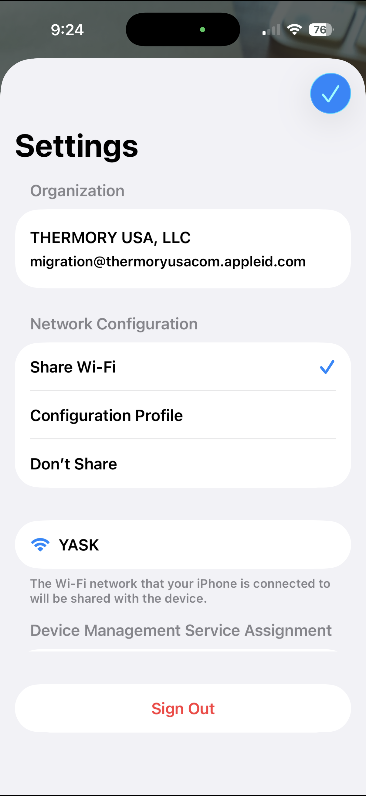 Apple Configurator Settings showing organization THERMORY USA, LLC and Share Wi-Fi checked